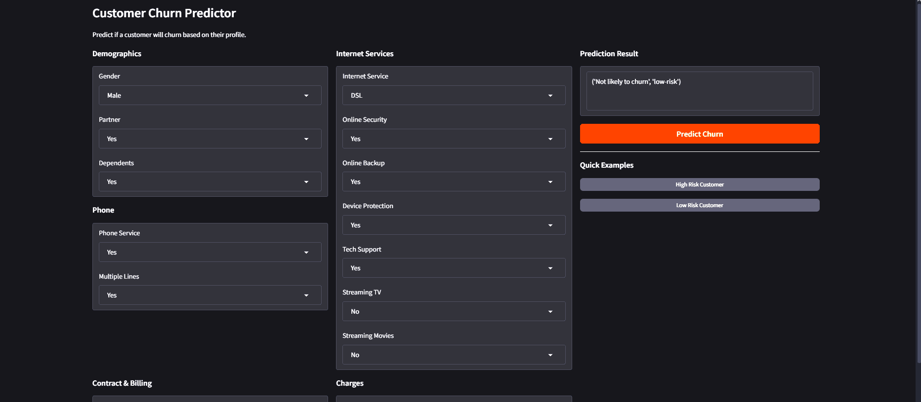 Customer Churn Predictor learning-project interface with customer profile inputs, risk examples, and prediction output