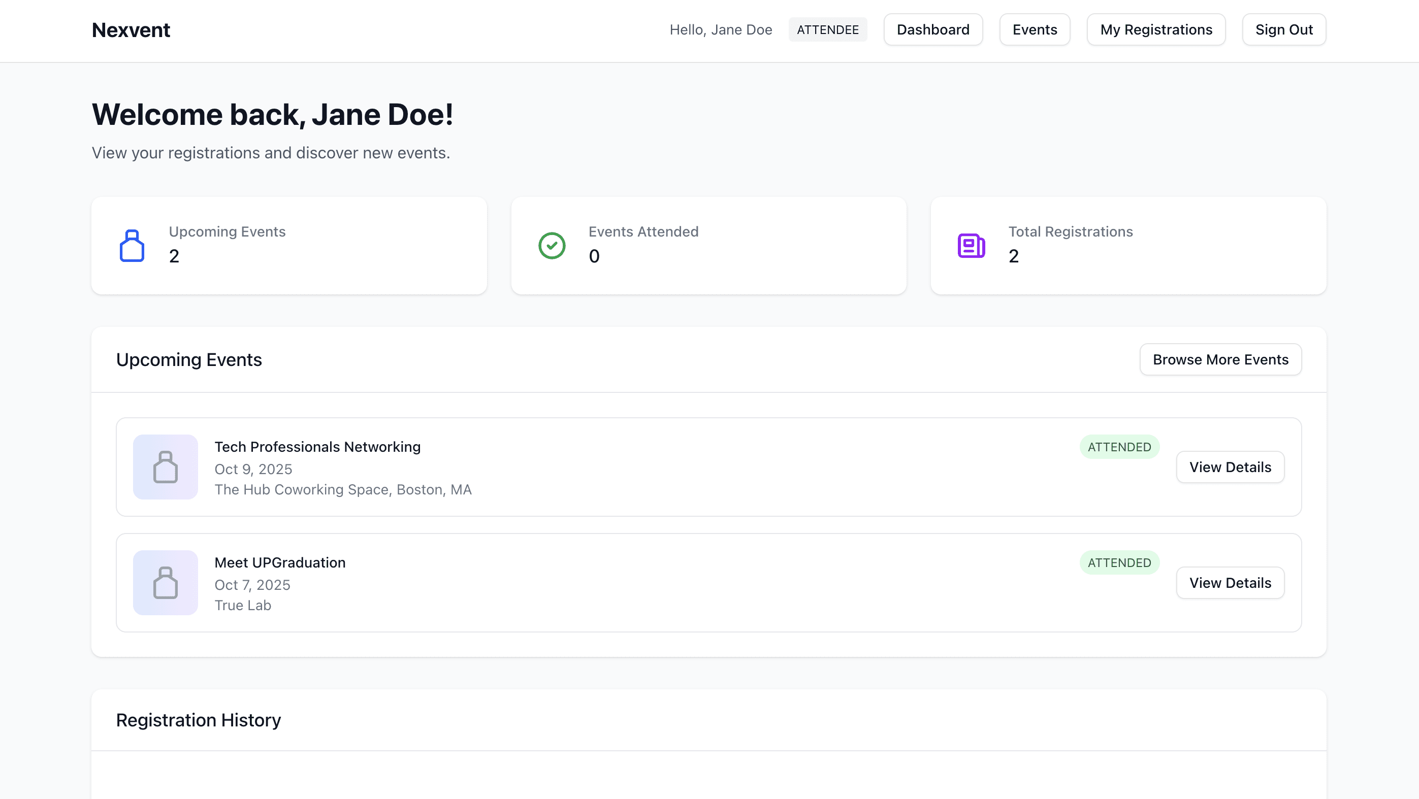 Nexvent attendee dashboard showing registrations and upcoming events