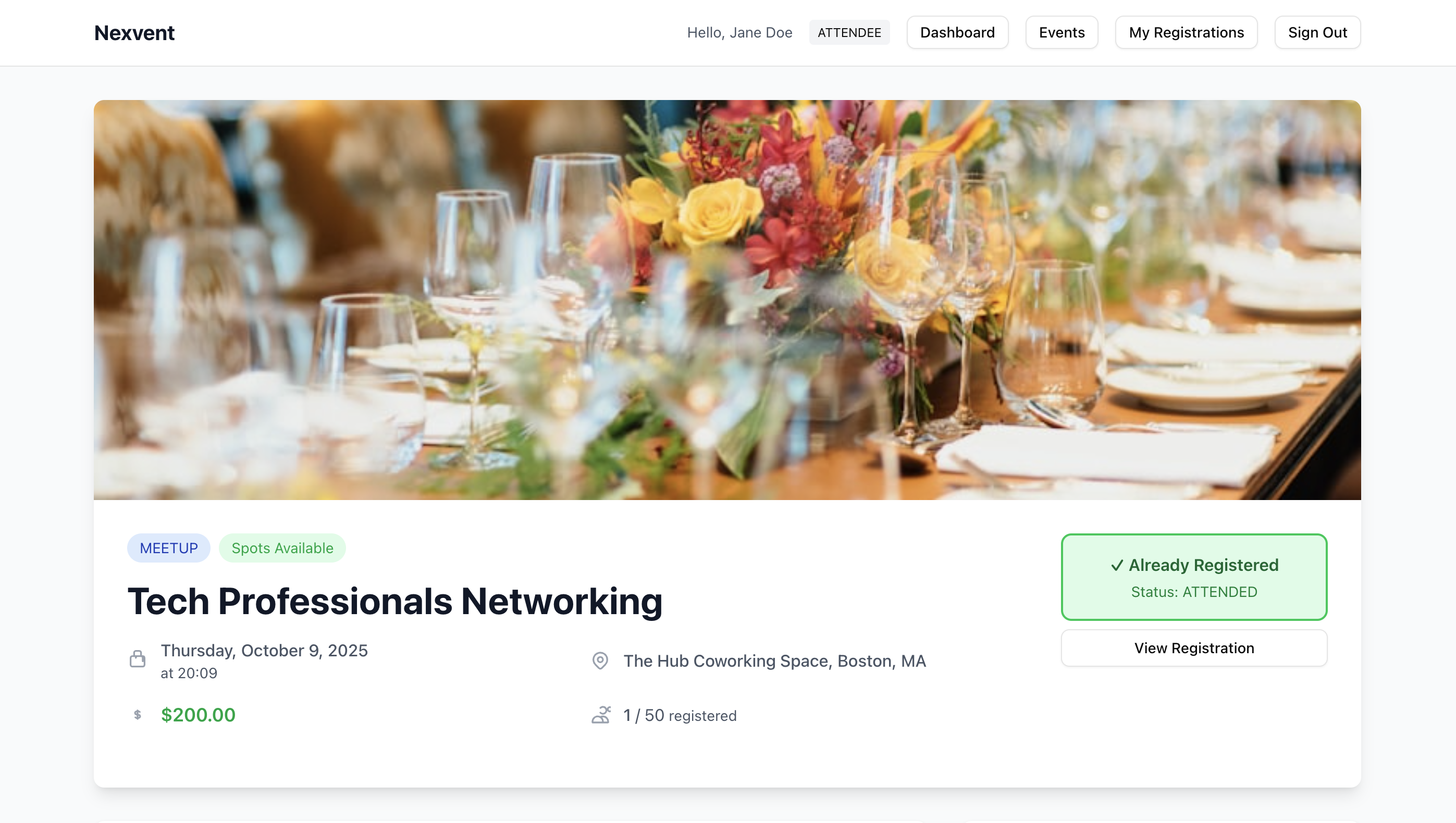 Nexvent event details with date, venue, capacity, and registration status