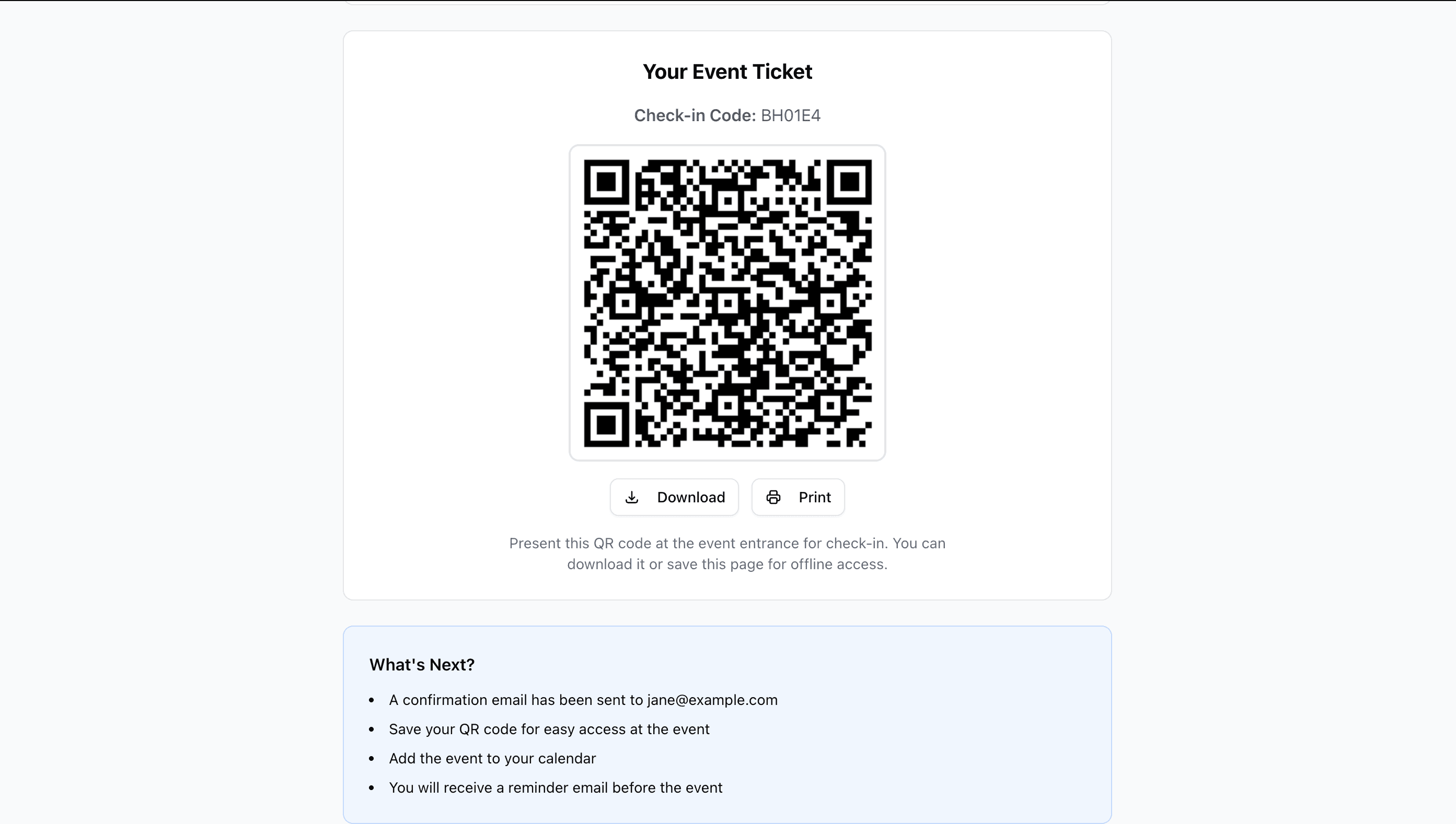 Nexvent event ticket with QR check-in code and download and print actions