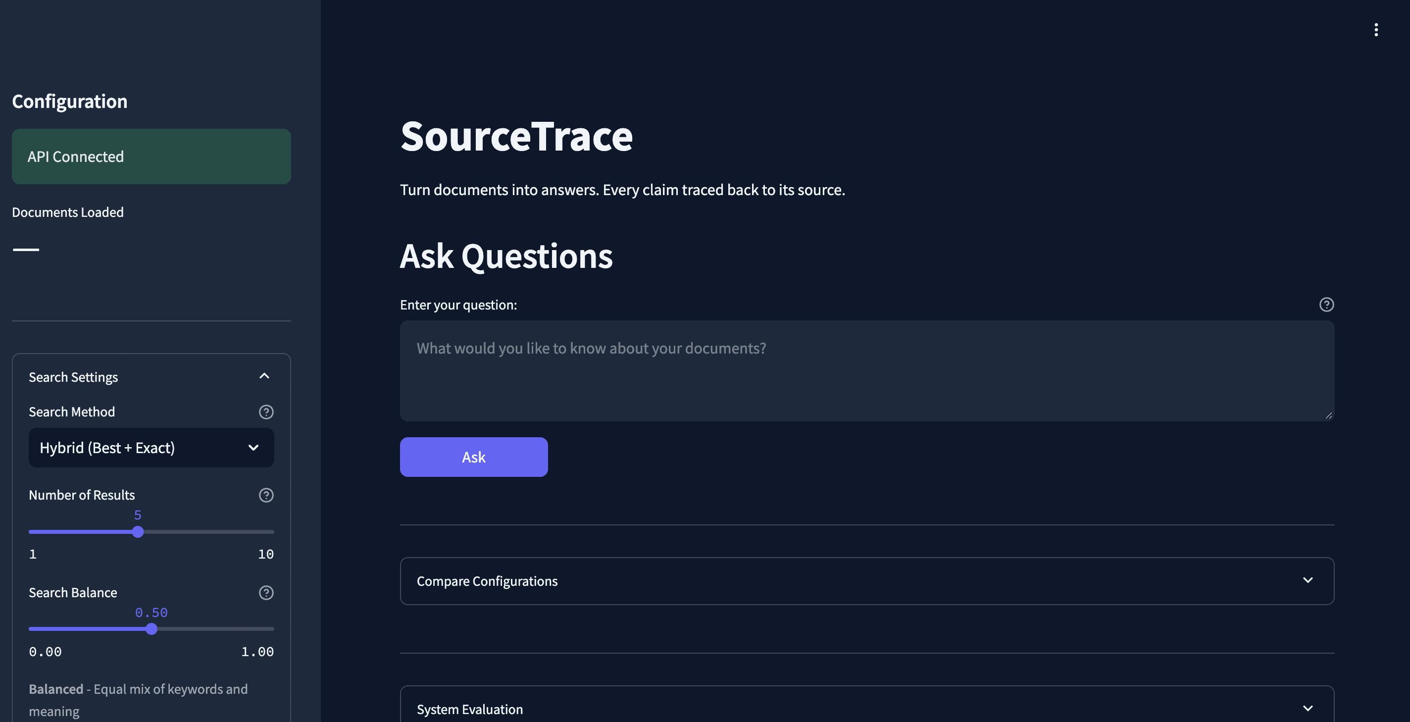 SourceTrace document Q&A demo with hybrid search settings, search balance, configuration comparison, and system evaluation controls