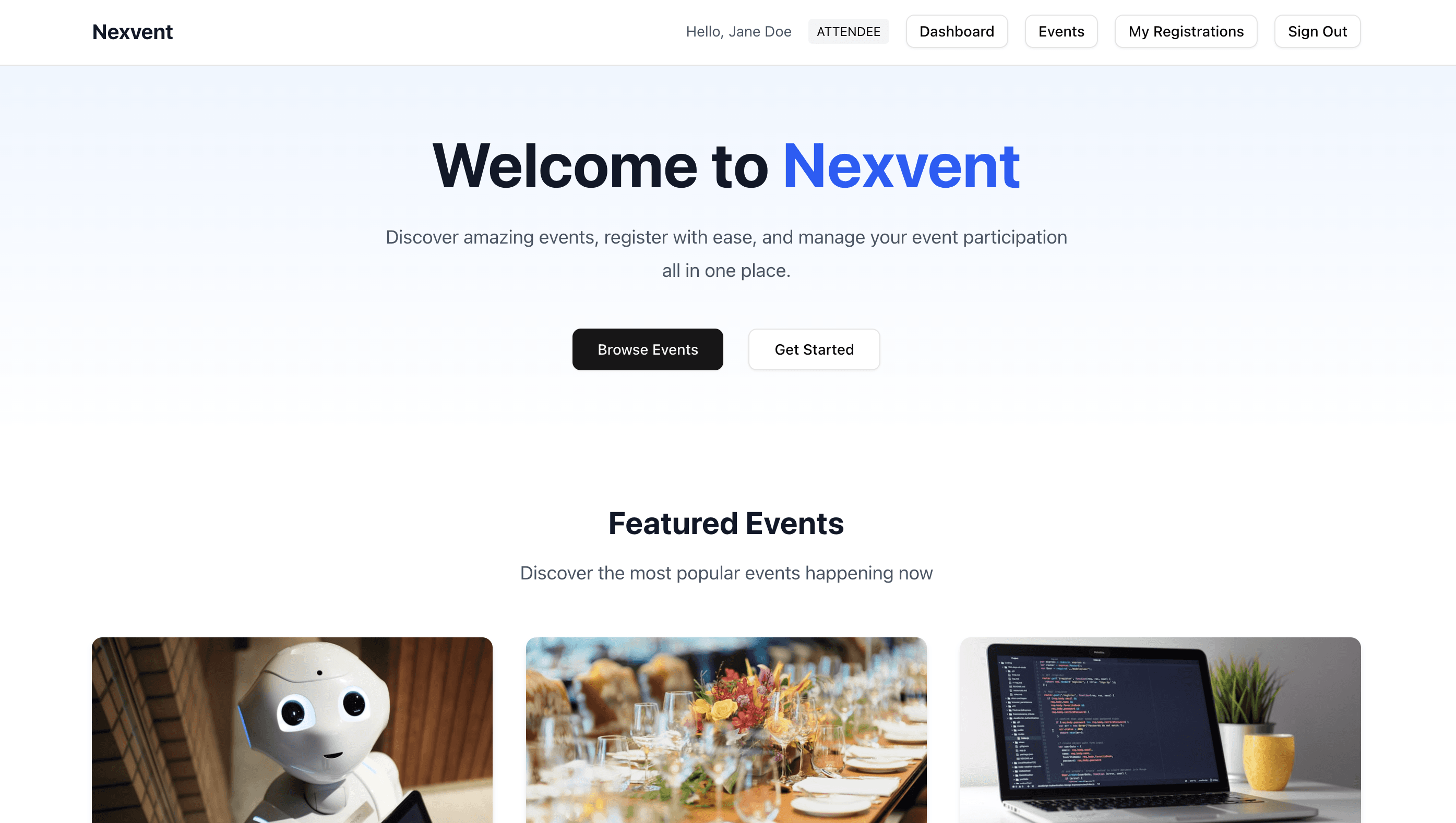 Event discovery Nexvent homepage with featured events and event browsing