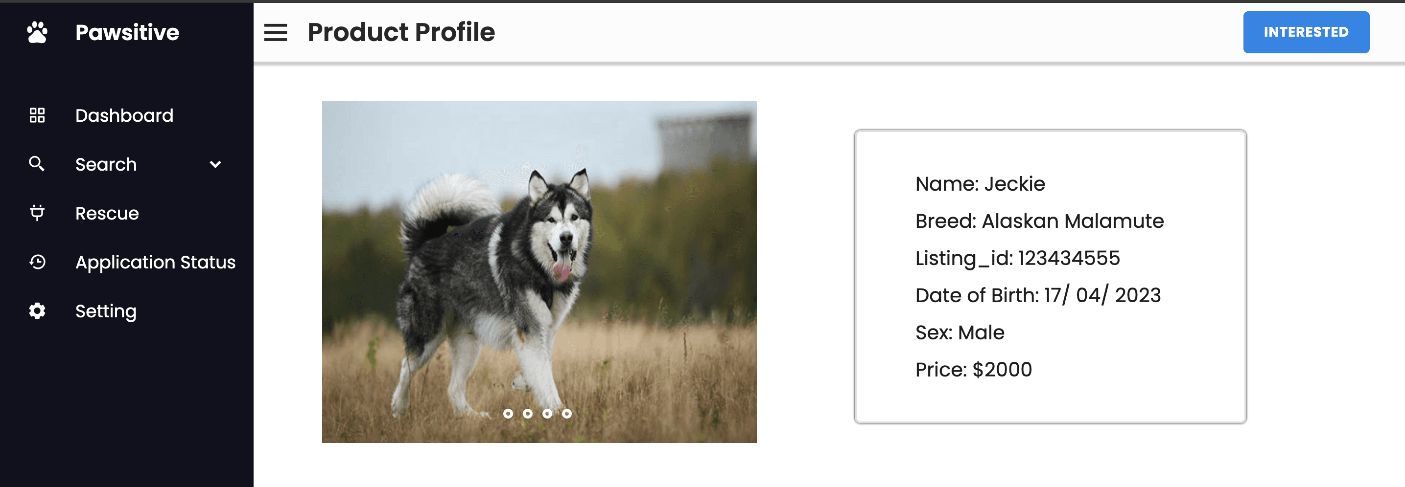 Pet listing profile Pawsitive pet listing profile showing a dog photo, breed, listing details, and an Interested button
