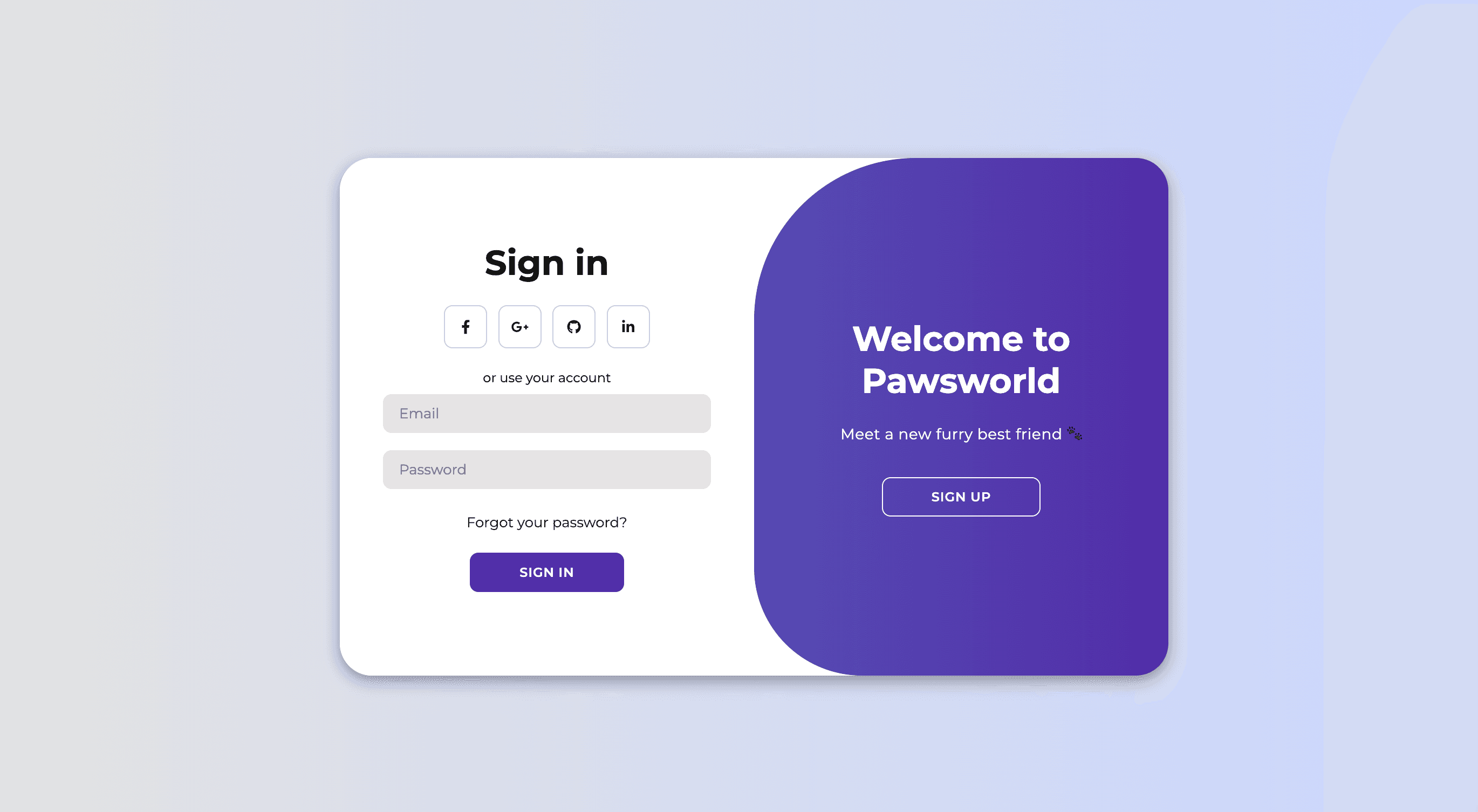 Sign-in interface Pawsitive sign-in interface with email and password fields and a sign-up panel