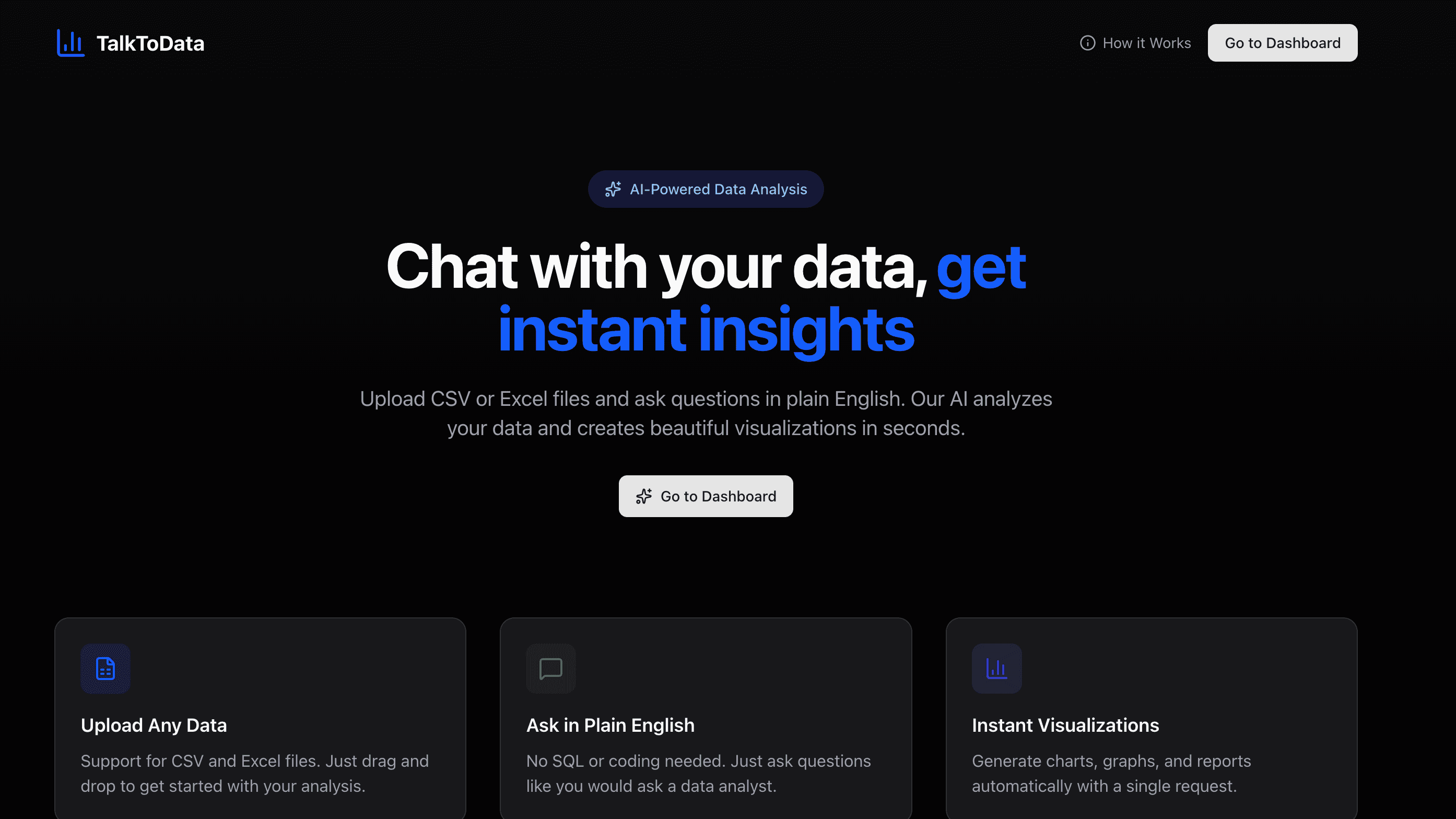 Product landing page TalkToData landing page introducing CSV and Excel analysis through natural-language questions